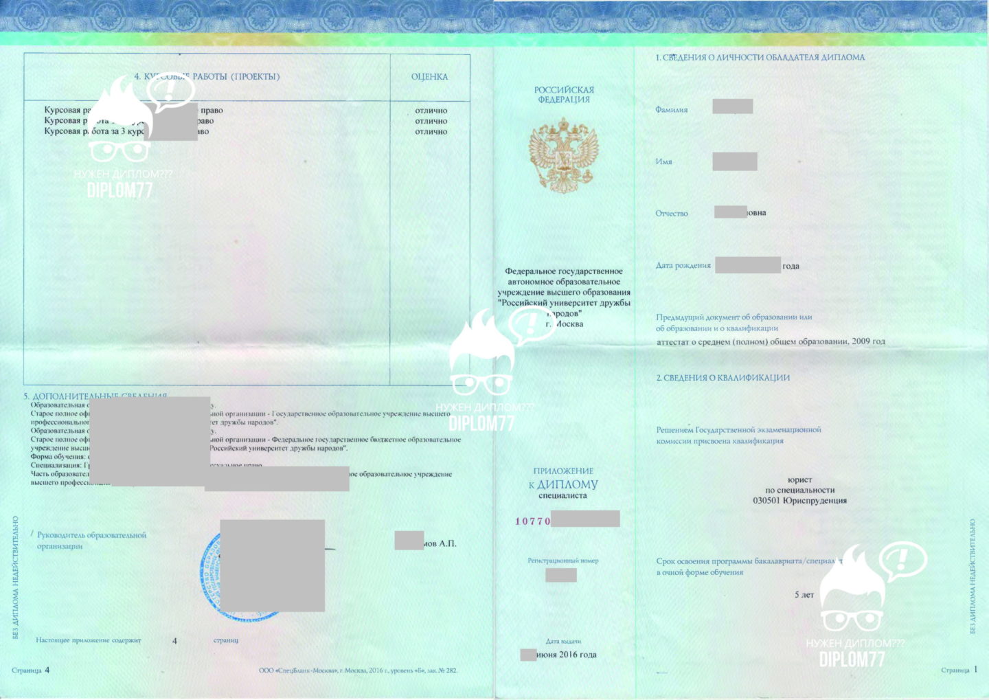 Лист с предметами диплома РУДН 2016 года окончания специальности Юриспруденция